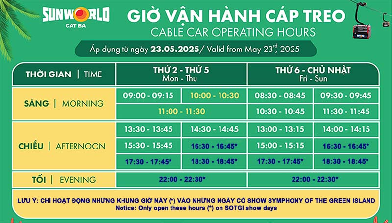 Lịch chạy cáp treo Cát Bà Lịch chạy cáp treo Cát Bà